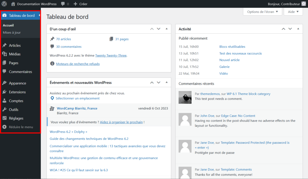 Tableau de bord WordPress